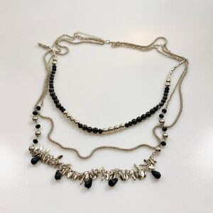 Fashion Necklace Long Three Strands Black Acrylic And Silver Tone Beads 36”+ 3”